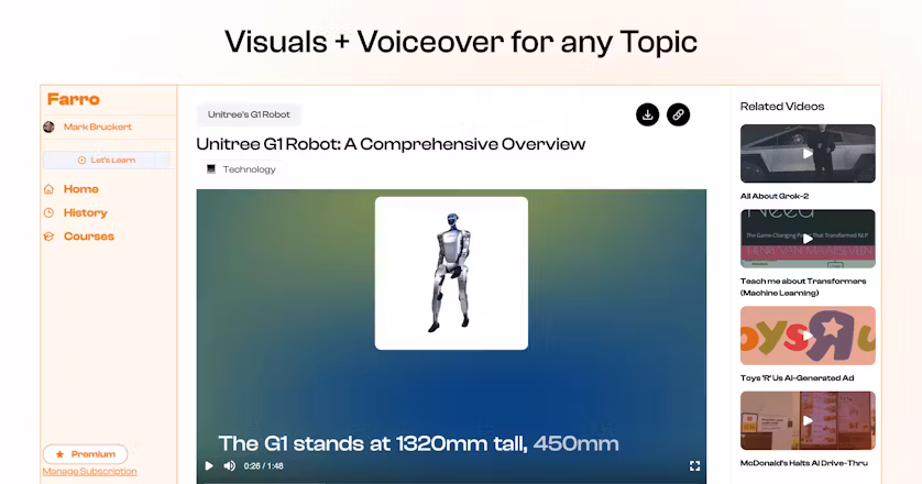 Farro AI Video Search Engine - Video playback with sources and transcript