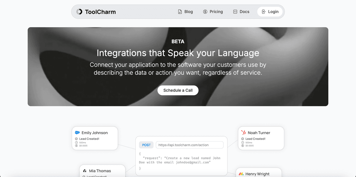 ToolCharm Actions API - Natural language integration interface